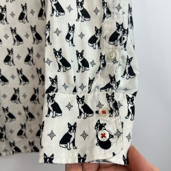 Talbots French Bull Dog Blouse Small Black White Cotton Novelty Print Button Top - Picture 5 of 12